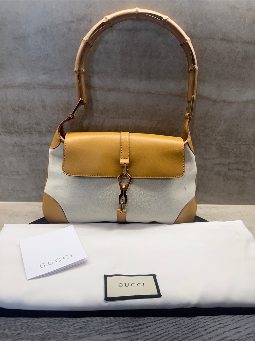 Gucci Bamboo Jackie White and Tan Shoulder Bag